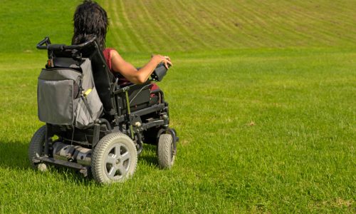 Photo of a woman in a wheelchair on a grassy field.