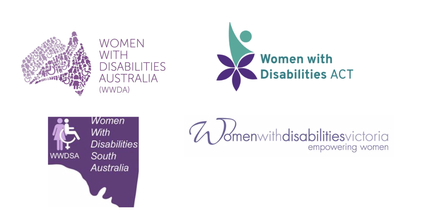 Logos of Women With Disabilities Australia (WWDA), Women With Disabilities Victoria (WDV), Women With Disabilities Australian Capital Territory (WWDACT), and Women With Disabilities South Australia (WWDSA)