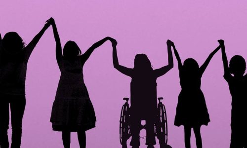 silhouettes of 5 young women holding hands.