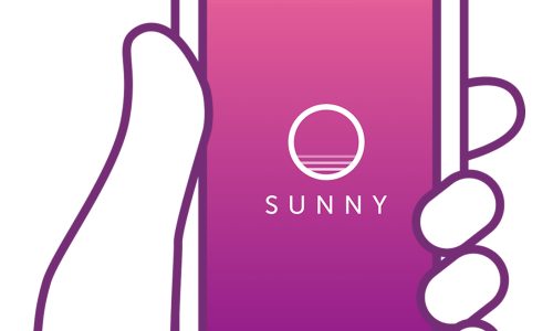 Illustration of a hand holding a smart phone with the sunny app open.