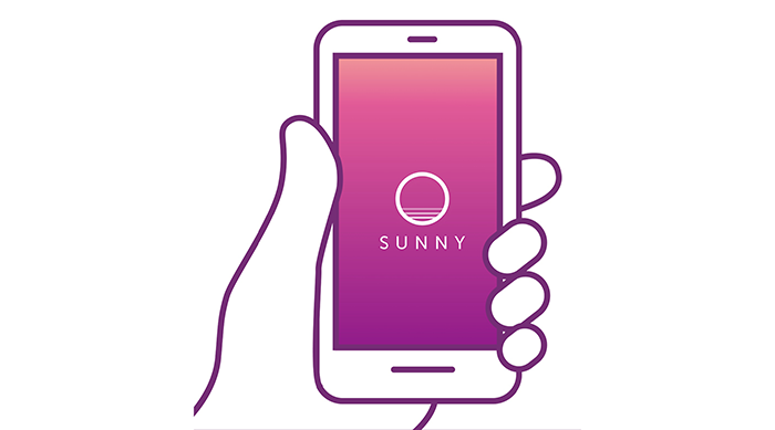 Illustration of a hand holding a smart phone with the sunny app open.