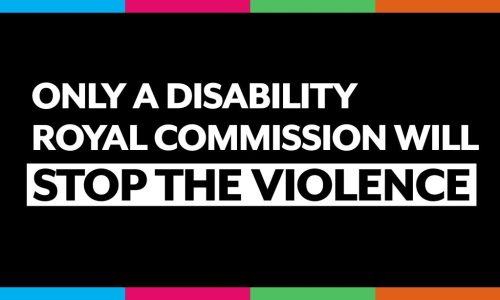 Black social media tile with white text: 'Only a Disability Royal Commission Will STOP THE VIOLENCE'