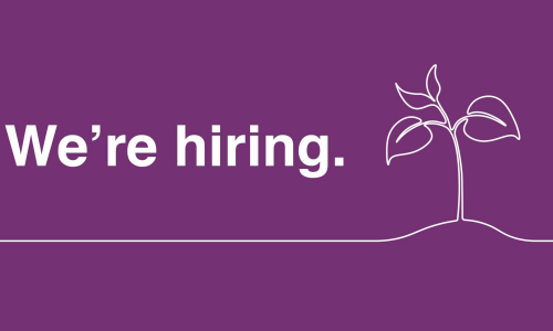 Purple image with white text: 'We're hiring.'