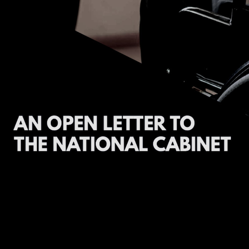 Social media tile with a photo of a person using a wheelchair in the background overlaid with a black banner and white text 'Open Letter to the National Cabinet.'