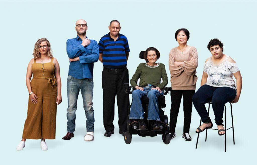 6 people with disability standing in a line against a blue background.