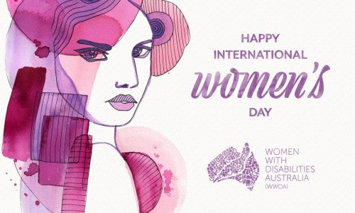 Pink illustration of a woman on the left with purple text on the right: 'Happy International Women's Day.'