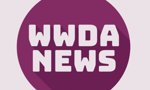 Purple cirlce with pink text: 'WWDA News.'