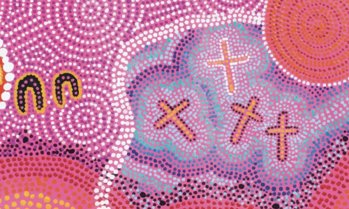 Aboriginal painting featured on cover of report. Includes pink, purple, orange and white shades.