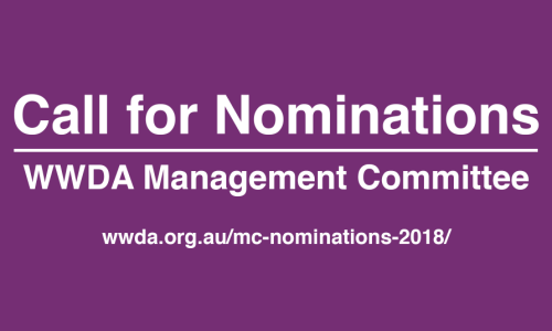 White text against purple background: 'Call for Nominations. WWDA Management Committee'