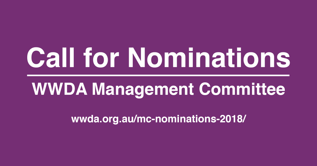 White text against purple background: 'Call for Nominations. WWDA Management Committee'