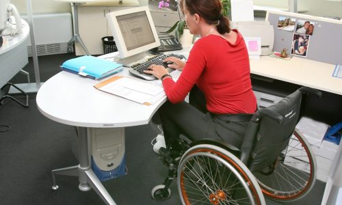 Photo of woman in a wheelchair working at a computer.