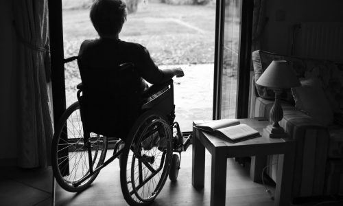 Photo of a woman in a wheelchair looking out a window.