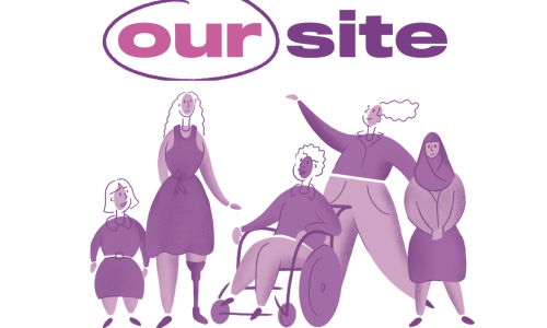 Illustration of 5 woman with disability with Our Site logo as heading.