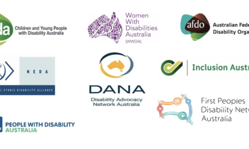 Logos for the Australian Federation of Disability Organisations, Children and Young People with Disability Australia, the Disability Advocacy Network Australia, the First Peoples Disability Network, Inclusion Australia
