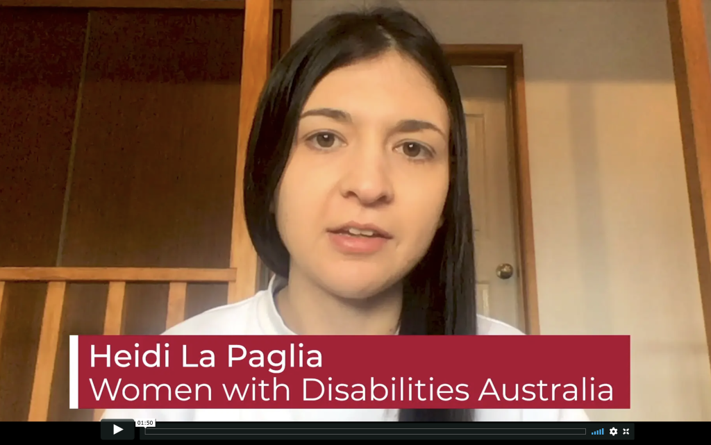 Photo of Heidi La Paglia, her name written along the bottom with the sub heading Women With Disabilities Australia.