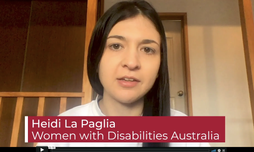 Photo of Heidi La Paglia, her name written along the bottom with the sub heading Women With Disabilities Australia.