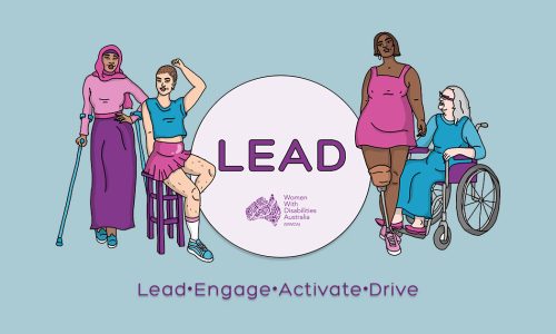 Light purple circle with the Heading LEAD, underneath the circle is the words Lead, Engage, Activate, Drive. The words are surrounded by four illustrations of women with different disabilities, different ages and races. the background is light blue