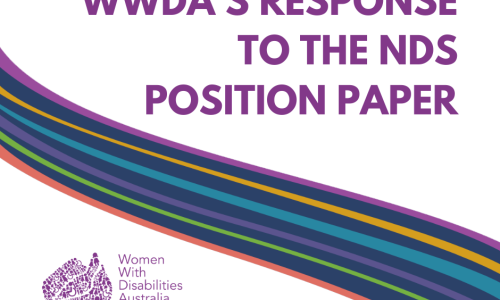 Purple heading "WWDA's Response to the NDS Position Paper, a colourful swirl through the middle of the page and the WWDA logo in the bottom left corner.