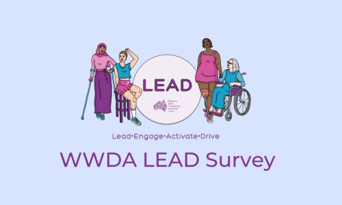 Light blue background, an illustration of 4 women representing diversity and disability. Heading says LEAD, Lead, Engage, Activate, Drive. Underneath as a seperate purple heading that says WWDA LEAD Survey.