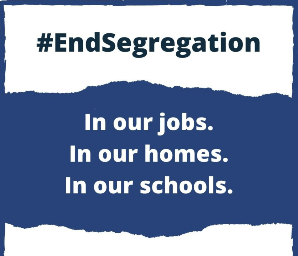 Text reads: “#EndSegregation In our jobs. In our homes. In our schools. www.dpoa.org.au/endsegregation” Background is blue and white with a torn paper effect.