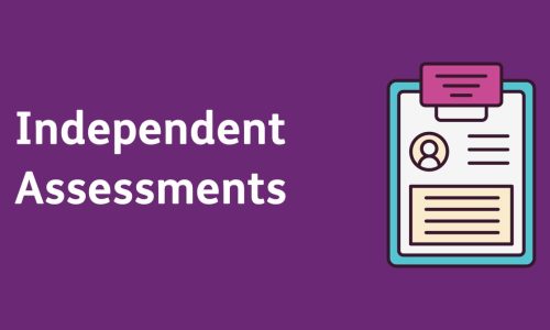 Purple background with illustration of a clipboard and white text: 'Independent Assessments.'