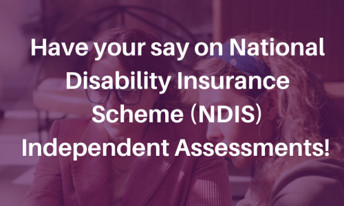 Photo of two women looking at a laptop, overlaid with a purple transparent colour and white text: 'Have your say on National Disability Insurance Scheme (NDIS) Independent Assessments!' In the bottom right hand corner is the Women With Disabilities Australia (WWDA) logo in white.