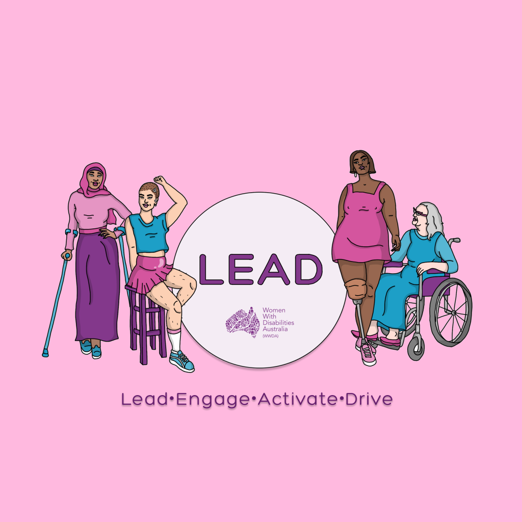Bright pink background, an illustration of 4 women representing diversity and disability. Heading says LEAD, Lead, Engage, Activate, Drive. Underneath as a seperate purple heading that says WWDA LEAD Survey.