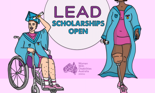 [Image: bright pink background. In the middle is the WWDA LEAD Scholarships logo with an illustration of two women wearing graduation gowns and hats, representing disability and diversity. Text reads: 'LEAD Scholarship Open']