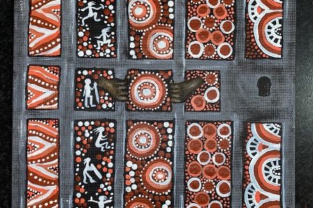 Artwork created by the author, Tabitha. The artwork draws on Tabitha's culture as a Gunditjmara woman and depicts an Aboriginal person behind a prison cell door.