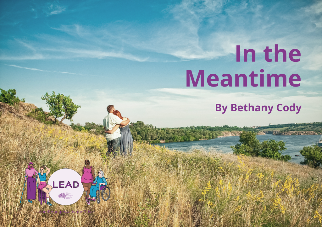A man and a woman hugging in a field looking over a river. Purple text read In the Meantime by Bethany Cody.