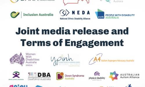 White background with heading text: 'Joint media release and Terms of Engagement' with a number of disabled people's organisations logo's surrounding the text