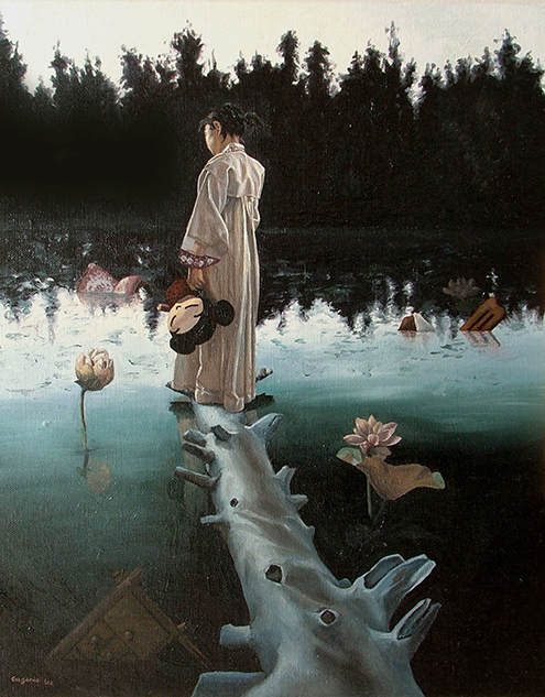 Image description: A young Korean girl, wearing a traditional gown and with her hair in a pony tail has her back turned. She is standing on what appears to be a log, in a lake dispersed with flowers and other objects that are sinking. She is holding a stuffed toy. Trees surround the lake.