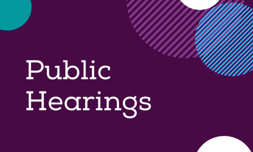 dark purple background with different coloured circles around the outside. White text reads Public Hearings