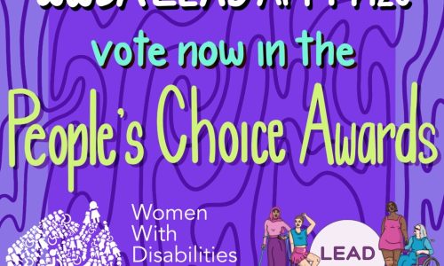 Dark purple background with different coloured text which reads WWDA LEAD Art Prize vote now in the People's Choice Awards.