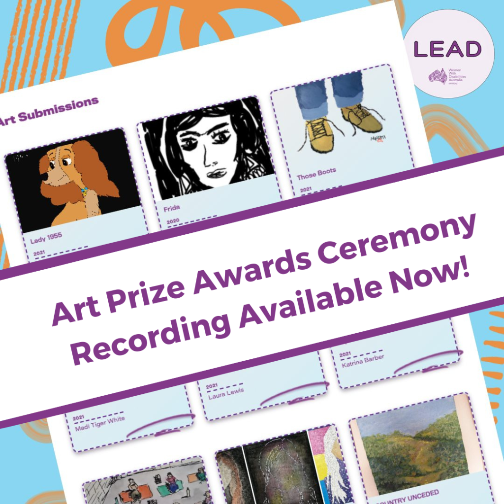 Screenshot from the Art Prize online gallery, showing thumbnails of 6 art works. Behind the screenshot is a blue background with orange swirls and the WWDA LEAD logo in purple. The image is overlaid with purple text on a white banner reading:'Art Prize Awards Ceremony Recording Available Now.'