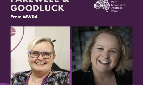 Dark purple background, with white text that reads Farewell and goodluck from WWDA. Two photos inserted. One of Tricia Malowney who had short blonde hair and wear purple glasses. The other photo is of Jody Barney who has shoulder length blonde hair and wearing a black top.
