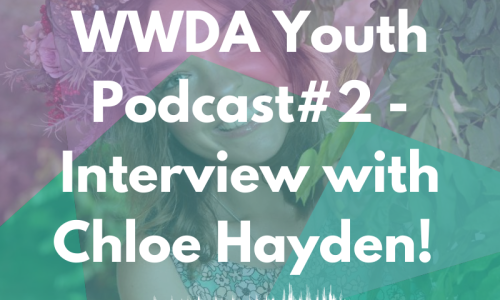 Photo of Chloe Hayden overlaid with translucent shapes in Purple and green. Text over the image reads: 'WWDA Youth Podcast #2 - Interview with Chloe Hayden.'