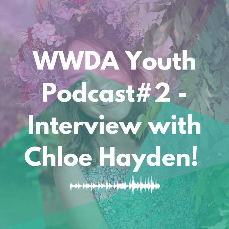 Photo of Chloe Hayden overlaid with translucent shapes in Purple and green. Text over the image reads: 'WWDA Youth Podcast #2 - Interview with Chloe Hayden.'