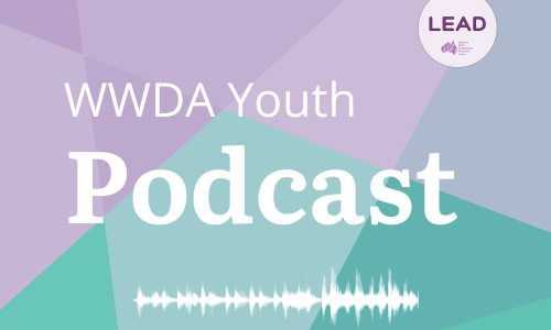 A geometric purple and green background with white text that reads WWDA Youth Podcast