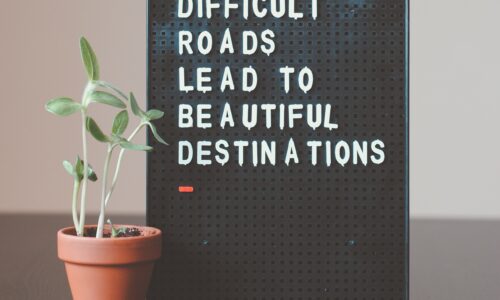 A black letter board stands on a table top, with white letters that read 'Difficult roads lead to beautiful destinations'. A growing plant is next to the letter board.