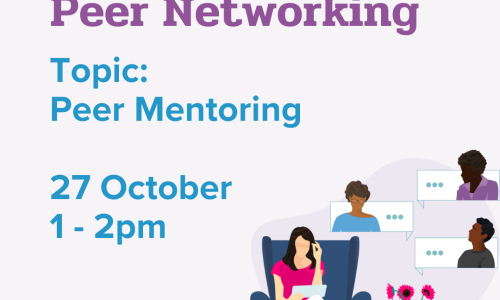 Light purple background with an illustration of a woman sitting in a lounge chair talking to people virtually. Text: 'WWDA LEAD Peer Networking, Topic, Peer Mentoring, 27 October 1-2pm'.