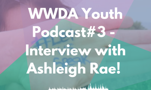 Photo of a young woman putting her hand in front of her face. Her hand has 'LetUsSpeak' written on it. In front of the image are translucent shapes in purple and green and white text: ' WWDA Youth Podcast #3 - Interview with Ashleigh Rae'