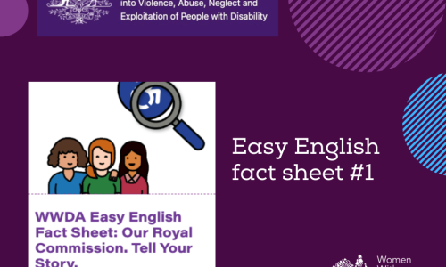 A dark purple background with a rectangle shaped heading at the top of the page that is indigo blue with the white logo of the Australian Government Royal Commission into Violence, Abuse, Neglect and Exploitation of People With Disability. A white heading in larger print underneath which reads ‘Easy English Fact Sheet #1’. Picture of 3 people with a magnifying glass above their head with heading below ‘WWDA Easy English Fact Sheet: Our Royal Commission. Tell Your Story’. There are half circles in purple, white and light blue around the edges of the picture