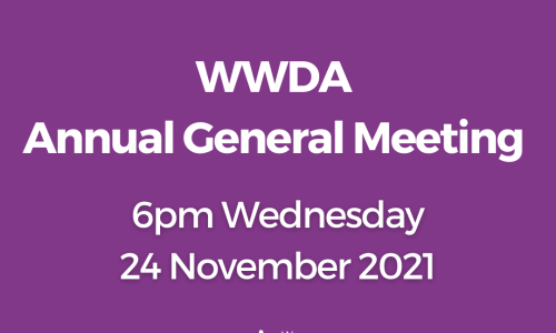Purple background with white text: 'WWDA Annual General Meeting. 6pm Wednesday 24 November 2021.' At the bottom is the WWDA logo in white