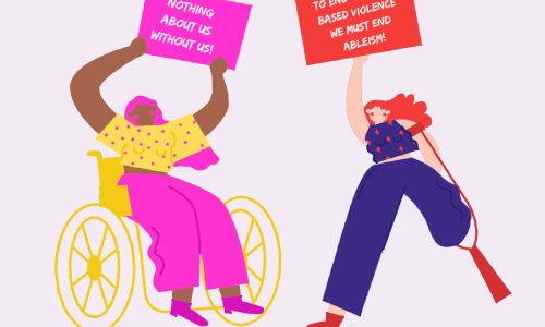 Heading reads ‘International Day for the Elimination of Violence Against Women’. A picture of two women. One is wearing yellow spotty top and pink trousers and is in a wheelchair, holding up a sign ‘nothing about us without us’. The other is in blue clothing, has one leg amputated, is using a crutch and is holding up a sign ‘to end gender-based violence we must end ableism’. Text at bottom reads ‘Day 1 of the #16DaysofActivism #SmashTheAbleism'. Logo for WWDA is in the bottom right.