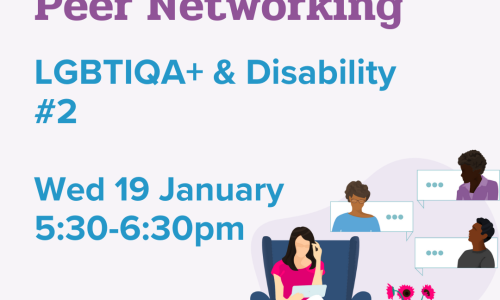 [Image: Light purple background with an illustration of a woman sitting in a lounge chair talking to people virtually. Text: 'WWDA LEAD Peer Networking, Topic, LGBTIQA+ & Disability #2! Wed 19 January, 5:30-6:30 pm']