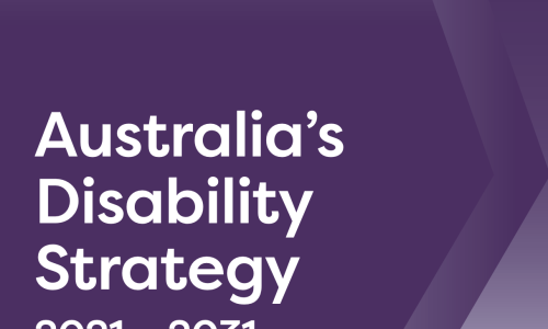 Screenshot of front cover of Australia's Disability Strategy. Purple background with white text: 'Australia's Disability Strategy 2021-2023'