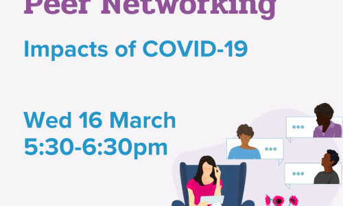Light purple background with an illustration of a woman sitting in a lounge chair talking to people virtually. Text: 'WWDA LEAD Peer Networking, Impact of Covid-19, Wednesday 16 Mar, 5:30-6:30 pm, Join Us!'