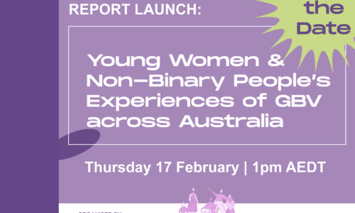 Purple background with the text ‘Report Launch: Young Women & Non-Binary People’s Experiences of GBV across Australia. Thursday 17 February 1pm AEDT’. A light green flower on the right with a purple text inside saying “Save the date”. An purple image of people at the bottom with the logos of AWAVA, WWDA, NATSIWA and WESTNET