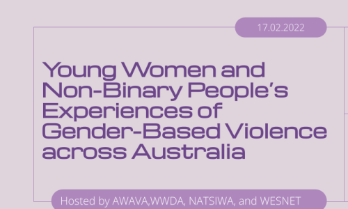 On a light purple background, dark purple text reads "Young Women and Non-Binary People's Experiences of Gender-Based Violence across Australia." In a purple box above the text is the date in white font, reading 17.02.2022, and in another purple box below the main text is white font that reads "Hosted by AWAVA, WWDA, NATSIWA, and WESNET." The logos for each organisation is in the top left of the image.